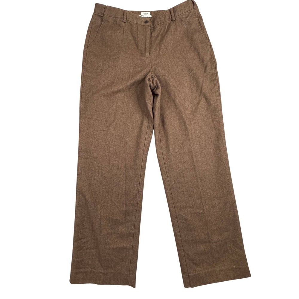 LL Bean Women Brown Herringbone Classic Fit Cotton Trousers Pants Size 14 MT